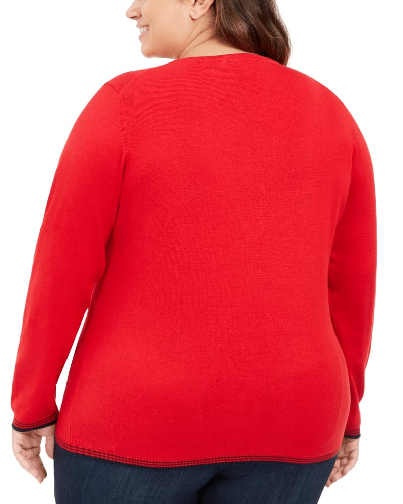 Front of a model wearing a size 1X Tommy Hilfiger Women's Plus Cotton Heart Logo Sweater Red Size 1X in Red by Tommy Hilfiger. | dia_product_style_image_id:314367
